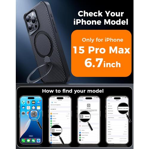 FlyReal Designed for iPhone 15 Pro Max Case with 360° Magnetic Stand, Carbon Fiber Phone Case [Compatible with Magsafe] [16FT Military Protection] with Stand Ring 6.7'', Black