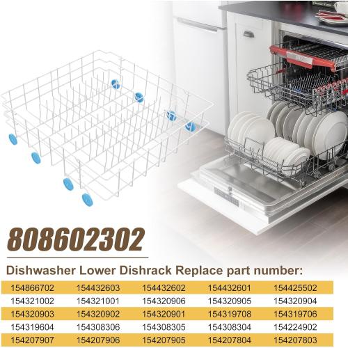 UPGRADED 808602302 Dishwasher Lower Rack Compatible with Frigidaire, Kenmore Bottom Rack Dishwasher Replacement with 154174501 Blue Wheels Replace 154432602 154432601 Dishwasher Rack Replacement