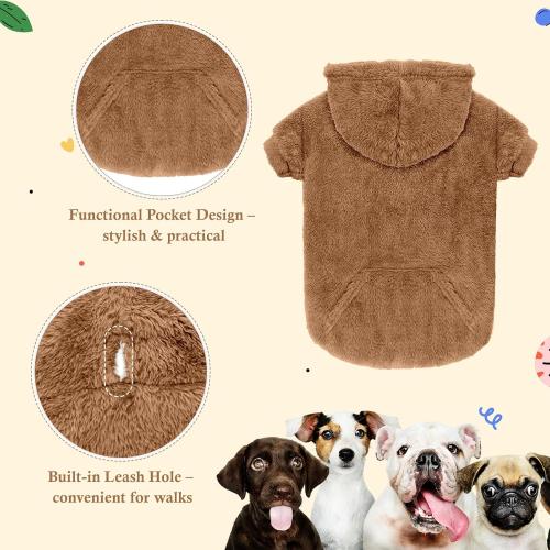 Dog Sweater,Dog Hoodies,Warm Fuzzy Fleece Sweatshirt with Hood & Pocket,Leash Hole,Cozy Cold Weather Pet Clothes Pet Sweater for Small,Medium,and Large Dogs(Coffee,XL)