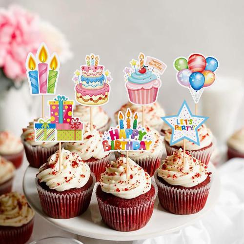 24Pcs Happy Birthday Cupcake Toppers Colorful Birthday Party Cupcake Picks Party Hat Gifts Box Birthday Candle Food Picks for Baby Shower Boys Girls Kids Birthday Party Decorations