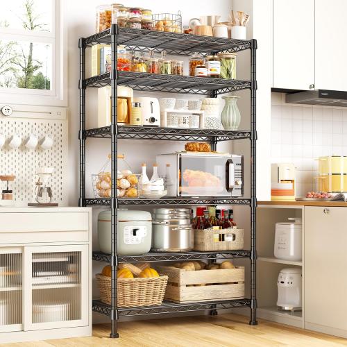 REIBII 6-Tier Storage Shelves Metal Shelving for Storage Load 1000 LBS,Wire Shelves Heavy Duty Shelving Unit Adjustable Pantry Shelf Bathroom Kitchen Garage 24 W x 14 D x 71 H, Black