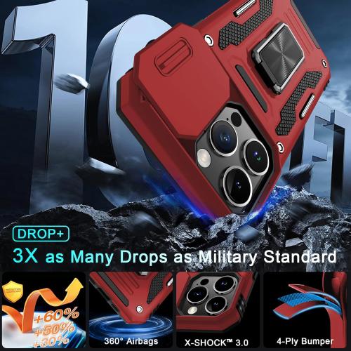 DEERLAMN Case for iPhone 15 Pro Max with Slide Camera Cover Screen Protector(1 Pack), Rotated Ring Kickstand Military Grade Shockproof Protective Cover 6.7 Inch-Red