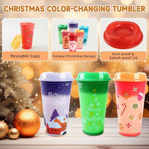 6pcs Christmas Color Changing Hot Cups with Lids, Plastic Reusable Hot Coffee Cups for Adults Kid Winter Christmas Holiday Birthday Party Cups Tumblers, 16 Oz