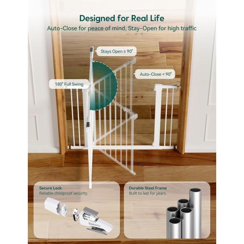 BABELIO 36 Tall Dog Gate PressGuard C5, 26-40 Wide Auto Close Baby Gate, Pressure Mounted Metal Pet Gate, Easy Install No Drilling, No Tools Needed, with Wall Protectors and Extension Kits, White