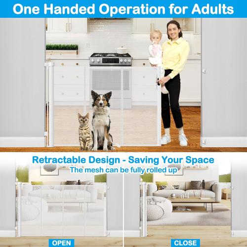 42 Inch Extra Tall Retractable Baby Gates with Reinforced Strips 55 Inch Wide Outdoor Retractable Dog Gate No Sag Extra Tall Baby Gate for Doorway Anti-Scratch Mesh Gates for Kids or Pets, White