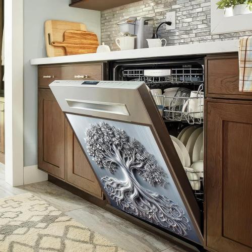 BlissYard Tree of Life Dishwasher Magnet Cover Skin Panel Magnetic Dishwasher Covers Decorative Sliver Metal of Life Front Door Magnet Cover Home Appliances Dishwasher Refrigerator Cupboard 23x26 Inch