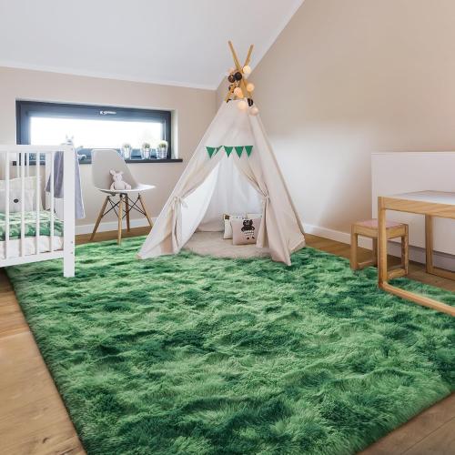 Large Area Rugs for Living Room, Super Soft Fluffy Modern Bedroom Rug, Tie-Dyed Green Indoor Shag Fuzzy Carpets for Girls Kids Nursery Room Home Decor