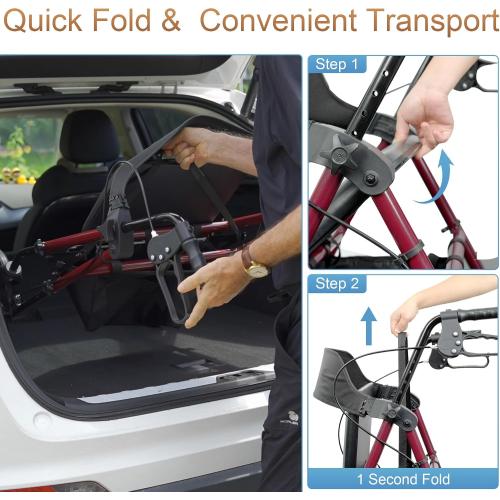 Black Rollator Walkers with Seat for Seniors, Foldable 8 Big Wheels All Terrain Rolling Walker, Handles and Ergonomic Seat Height Adjustable, 350lb Weight Capacity