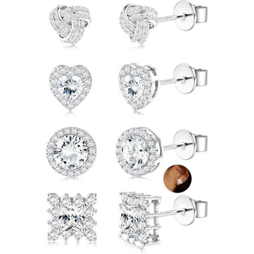 ZELORES 4 Pairs Sterling Silver CZ Stud Earrings for Women 14K Gold Plated Brilliant Celtic Heart Big Stud Earrings Set Cubic Zirconia Earrings Studs for Sensitive Ear