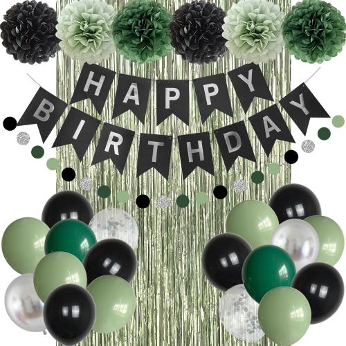 ANSOMO Sage Green and Black Happy Birthday Party Decorations Men Boys