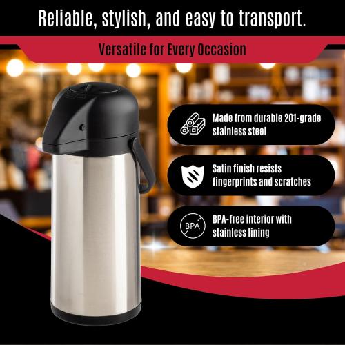 Stainless Steel Airpot with Swivel Base, 3 L (100 oz), Matte Silver Finish, Vacuum Insulated, Lockable Hot and Cold Airpot with Handle, Push-Button Dispenser