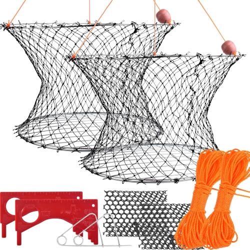 Double Ring Crab Trap - Steel Ring Crab Net, 24 Top, 20 Bottom, 50' Rope, Bait Bag, Clip, Gauge for Dungeness, Rock and Blue Crab