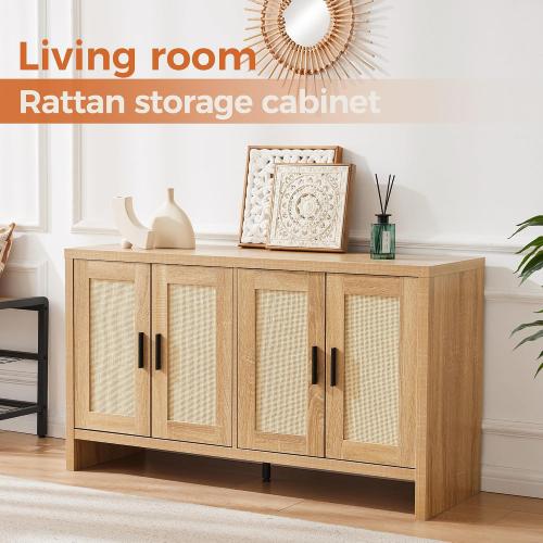 Mericonia Rattan Buffet Cabinet with Storage, Sideboard Cabinet with Doors and Adjustable Shelves, Farmhouse Coffee Bar Station Table, Modern Wood Cupboard for Kitchen, Livingroom and Dining Room
