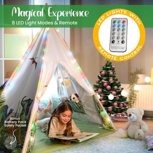 W&O Dinosaur Discovery Teepee with Roar Button, LED Lights & Plush Mat - The Most Stable Teepee - Never Collapses with Rowdy Playtime
