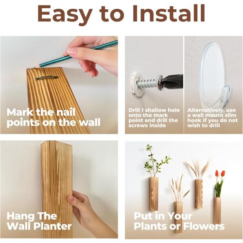 4 Pack Wood Wall Planter for Indoor Plants - Modern Farmhouse Living, Bathroom & Bedroom Wall Decor - Hanging Wooden Pocket Wall Vase for Faux Dried Flowers - Boho Wall Plant Holder - Wood Wall Decor