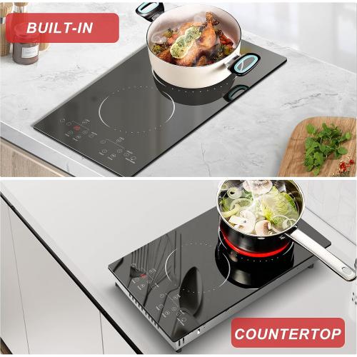 2 Burner Electric Cooktop 110v, 120v Plug In Electric Stove Top Burner, 12 Inch Built-in Radiant Electrics Stove, Countertop Ceramic Cooktop with Child Safety Lock, Timer, Over-Temperature Protection