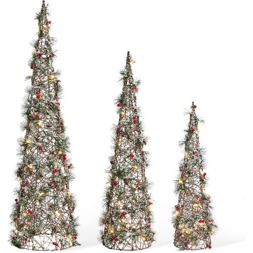 Glitzhome Set of 3 Lighted Christmas Cone Trees, Xmas Decorative Conic Tree Set with 75 Warm White LED Lights, Indoor & Outdoor Lighted Decorations for Lawn Yard Garden Party