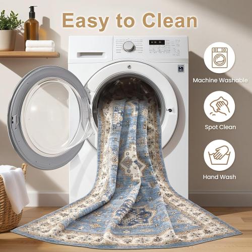 Washable Area Rugs for Living Room -Neutral Vintage Distressed Floral Farmhouse Boho Large Soft Floor Rug Indoor Non Slip Carpet for Living Room Bedroom Dining Room Office - Blue