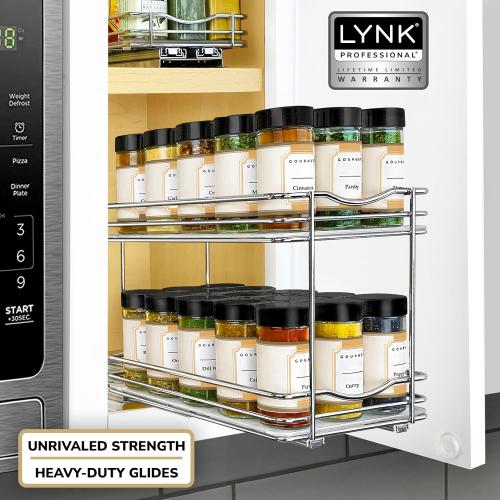 LYNK PROFESSIONAL® Pull Out Spice Rack Organizer for Inside Kitchen Cabinets - 6-3/8 inch Wide - Slide Out Drawer – Chrome Sliding Spice Organization for cabinet - Spice Racks - 2 Tier