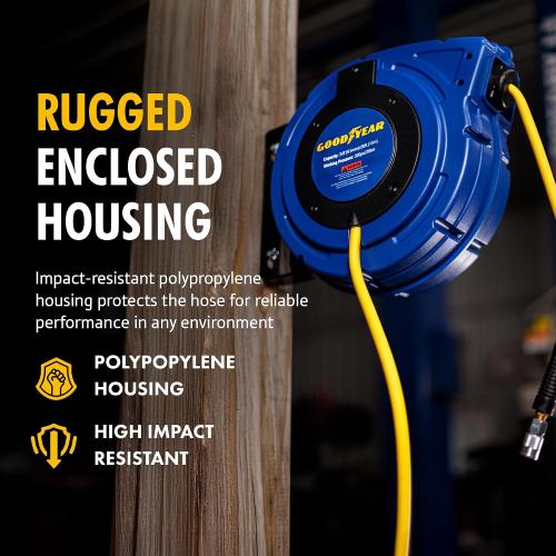 Goodyear Air Hose Reel Retractable 3/8 Inch x 50' Foot Hybrid Polymer Hose Max 300PSI Commerical Polypropylene Construction