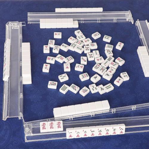 Mahjong All-in-One Tile Rack & Pusher with Bag, Clear Acrylic Mahjong Combo, Modern American Majiang, Set of 4, White