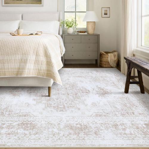 Area Rug 6x9 Living Room Rug, Machine Washable Vintage Distressed Medallion Rug Non-Slip Soft Low Pile Large Indoor Rugs for Bedroom Kitchen Dining Room Office(Beige,6'x9')