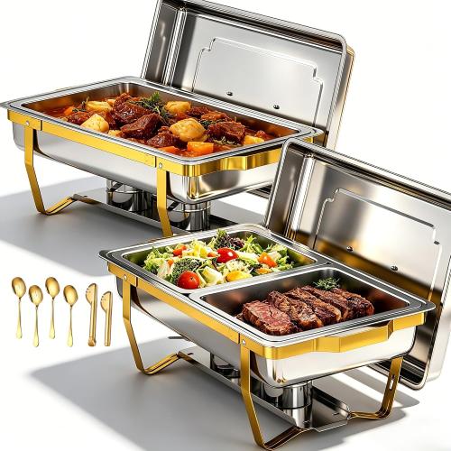 9 QT Chafing Dishes for Buffet Set 2 Pack, Gold Stainless Steel Food Warmers with Serving Utensils Folding Stand, Buffet Servers for Parties, Weddings, Catering, Family Gatherings‼️incomplete‼️