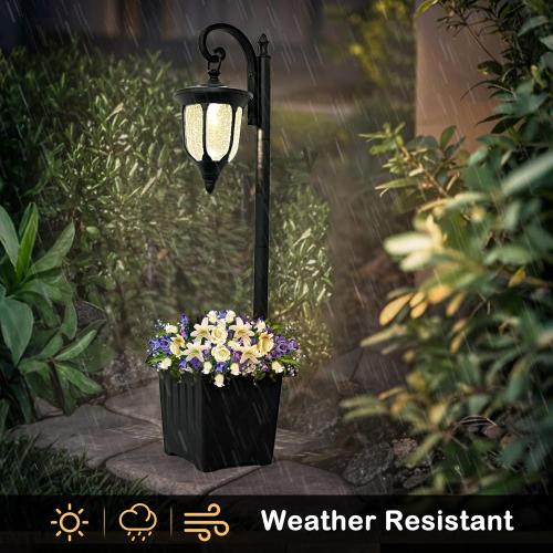 Solar Lamp Post Light with Planter, Outdoor Solar Lights with Crackle Glass, Matte Black Outdoor Flower Pots, 2 in 1 Solar Post Lights Waterproof for Porch Garden Patio