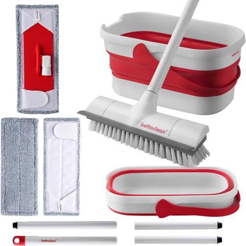 Home & Outdoor Heavy-Duty Scrub Mop and Broom with Collapsible Bucket Set & Microfiber Cloth Replacement Pack