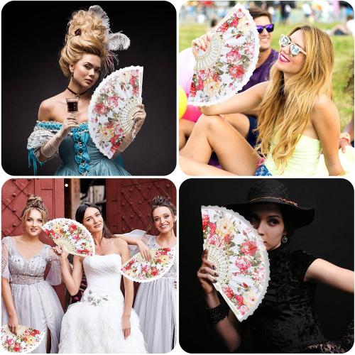 Geelin 50 Pcs Hand Lace Foldable Fans Bulk for Women with Organza Bag Lace Folded Hand European Retro Fan Bridal Dancing Prop Wedding Party Favors for Dancing Tea Party(Colored Rose,White)