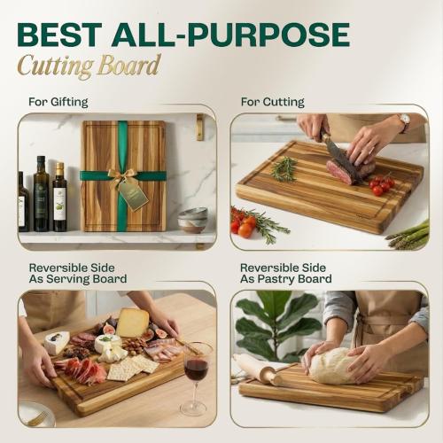 Teak Wood Cutting Boards for Kitchen, [18 x 14 x 1.25] Medium Wooden Cutting Boards, Knife Friendly Butcher Block Cutting Board with Deep Juice Grooves and Built in Handle
