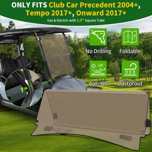 Golf Cart Foldable Windshield 3/16 (5MM) Thicken Only Fits Club Car Precedent 2004 , Tempo 2017 , Onward 2017 , 1×1 Struts Rail Front Folding Acrylic Windshield Replacement - Tinted