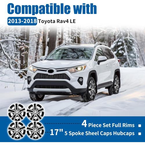 ECOTRIC 17 Hubcaps Wheel Covers Wheel Skins Compatible with 2013-2018 Toyota RAV4 LE, R17 Wheel Rim Cover, 5 Spoke, Silver/Black Plastic - Set of 4