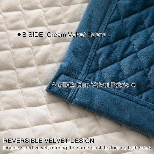 Queen Size Velvet 3-Piece Quilt Set - Ultra Soft Bedding with 2 Pillow Shams, Lightweight Reversible Coverlet Bedspread with Plaid Quilting for All Seasons, Royal Blue/White 90x96 Inches