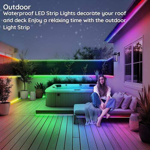 Outdoor LED Strip Lights Waterproof,IP68 Outside Led Light Strips Waterproof with App and Remote,Music Sync RGB Exterior Led Rope Lights with Self Adhesive Back for Roof,Deck