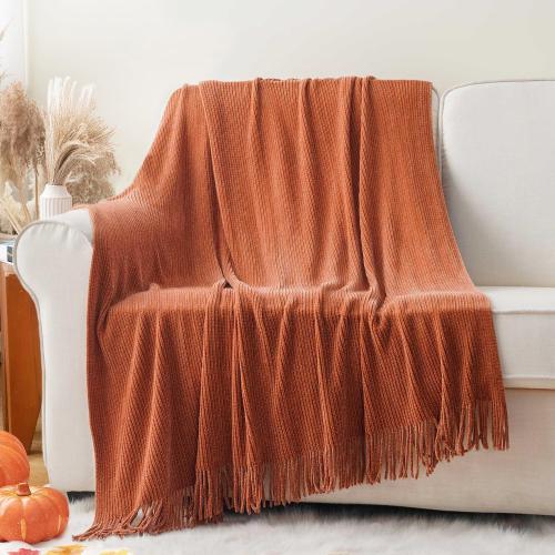 BATTILO HOME Rust Orange Throw Blanket for Couch, Soft Chenille Knit Throws with Tassels for Home Decor, Spring Caramel Throws for Couch Cover, 50x60