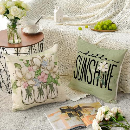AVOIN colorlife Spring Mangnolia Green Throw Pillow Covers, 18 x 18 Inch Hello Sunshine Vases Cushion Case Decoration for Sofa Couch Set of 4