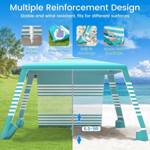 MoKo Beach Cabana, 8'×8' Large Beach Canopy with Side Wall, UPF 50  Protection Easy Setup Beach Tent Sun Shelter, Adjustable Height Wind Resistant Cabana Beach Tent for Whole Family, Green Stripe