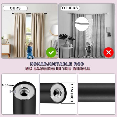 Lwiiom Heavy Duty Curtain Rods,1 1/4 Large Diameter Premium Nonadjustable Curtain Rod,72in/6ft Custom Window Treatment Rods with Durable Aluminum Brackets and End Caps,Black Finish