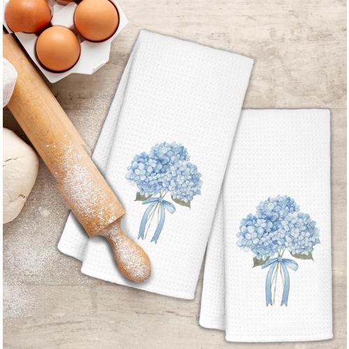 Blue Hydrangea Bow Decorative Hand Towels for Bathroom Washroom Set of 2, Hydrangeas Gifts, Hydrangea Decor for Bathroom Kitchen, Flower Floral Hydrangeas Kitchen Towels, 16x24 Inch