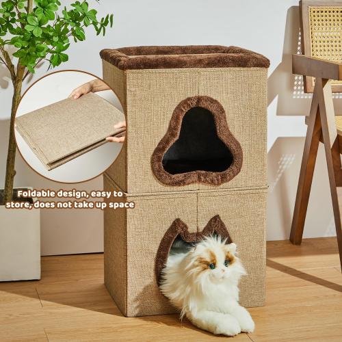 2-Tier Cat House for Indoor Cats Bed, Covered Cat Beds with Hideaway Cave and Scratch Pad, Foldable Modern Cat House for Multi Small Pet Large Kitten Kitty