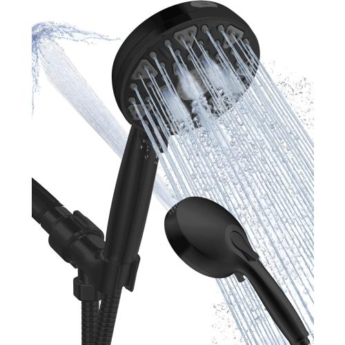 High Pressure Shower head with Handheld 7 Modes, Built-in Power Wash to Clear Tub. Tile & Pets, 5” High Flow Hand Held Hydro Rain Showerhead with Stainless Steel Hose and Adjustable Bracket-Matt Black