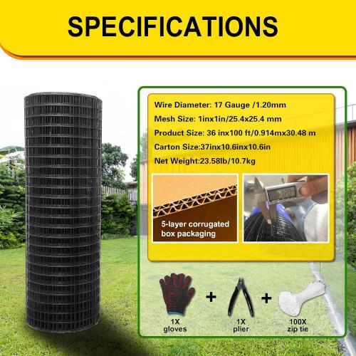 Black Hardware Cloth 1inx36inx100ft, Chicken Wire Fencing, 17 Gauge, Vinyl PVC Coated Mesh, Welded Wire mesh, Perfect for Gopher Wire, Rodent Mesh, Tree Guard, Chicken Coop, with Tools