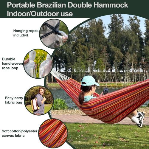 JoyView Brazilian Double Hammock with Hanging Ropes Extra Large 86.6x59” Portable Cotton Hammock for Patio Backyard Porch 450LBS Weight Capacity Perfect for Outdoor/Indoor - Color Stripes
