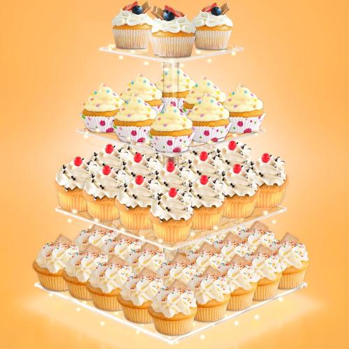 Cupcake Stand with Lights, 4 Tier Cupcake Holder, Light Up Cupcake Stand for 24 Cupcakes, Dessert Table Display Set for Weddings, Christmas, Birthday Parties (Yellow Light)