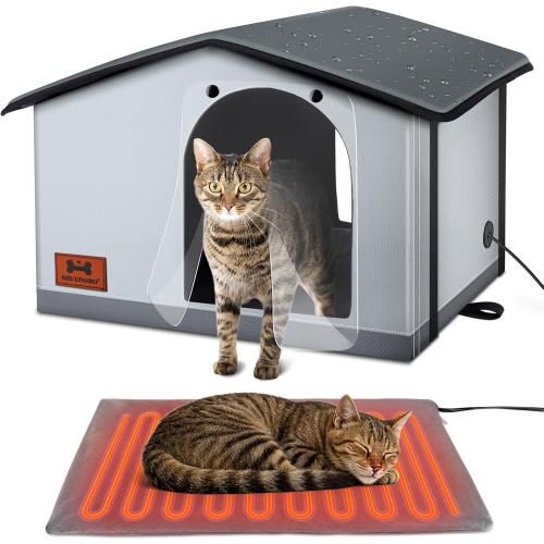 Insulated Heated Cat House Indoor/Outdoor, Weatherproof Cat House with Heated Pad for Winter, Outside Shelter for Feral Cats and Small Dogs (20x17x16)