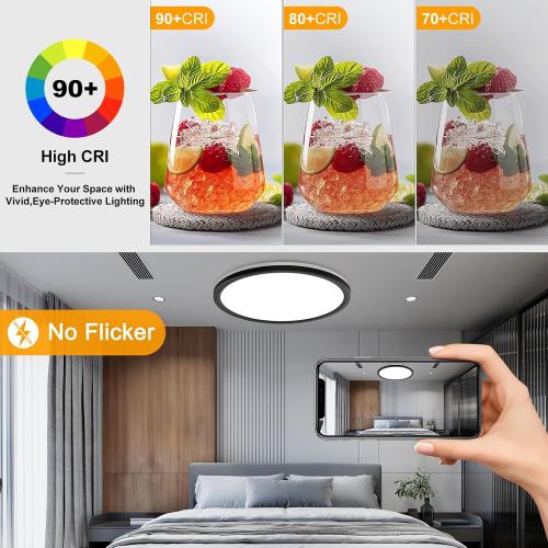 15 Inch LED Flush Mount Ceiling Light with Remote, 36W 3600LM 1800K/2700K/4000K/6500K Dimmable Ceiling Light with Night Light Low Profile Ceiling lights for Bedroom, Dining Room, Living Room-Black