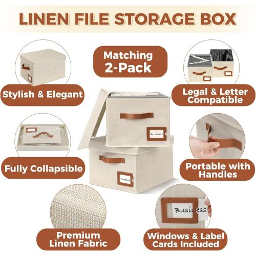 Ivory 2pack set Storage Standard 2-Pack File Organizer Box with Lid - Collapsible Hanging Linen Document Organizer Portable File Boxes, Lightweight & Portable Filing Box Crates with Handles & Extras, Ivory