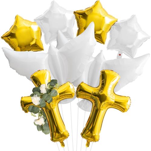 Xqumoi Religious Foil Balloons Party Decoration - 8Pcs Cross White Dove Aluminum Balloons Eucalyptus Vine for Baptism First Communion Party Supplies God Bless Christening Memorial Baby Shower (Gold)