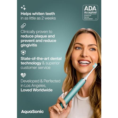Mint, Aquasonic Vibe Series Ultra-Whitening Toothbrush – ADA Accepted Power Toothbrush - 8 Brush Heads & Travel Case – 40,000 VPM Motor & Wireless Charging - 4 Modes w Smart Timer – Mint Green Metallic